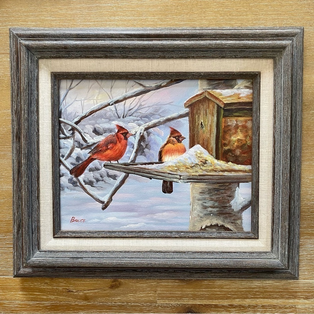 Vintage Cardinals Winter Favorites Framed Canvas Signed Bruce